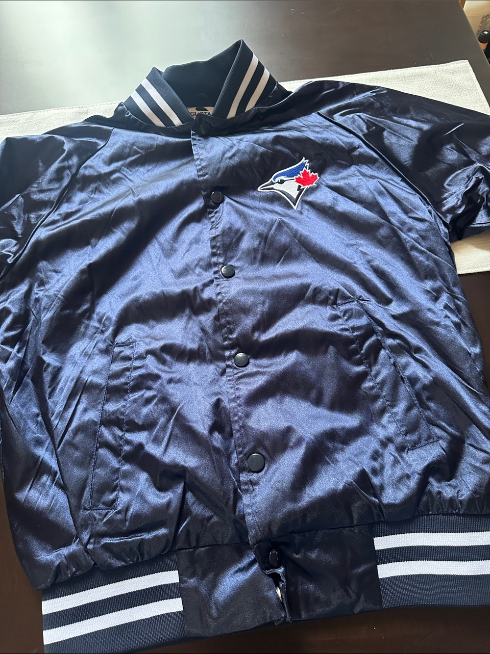 Blue Jays Navy Satin Bomber Jacket with Team Crest